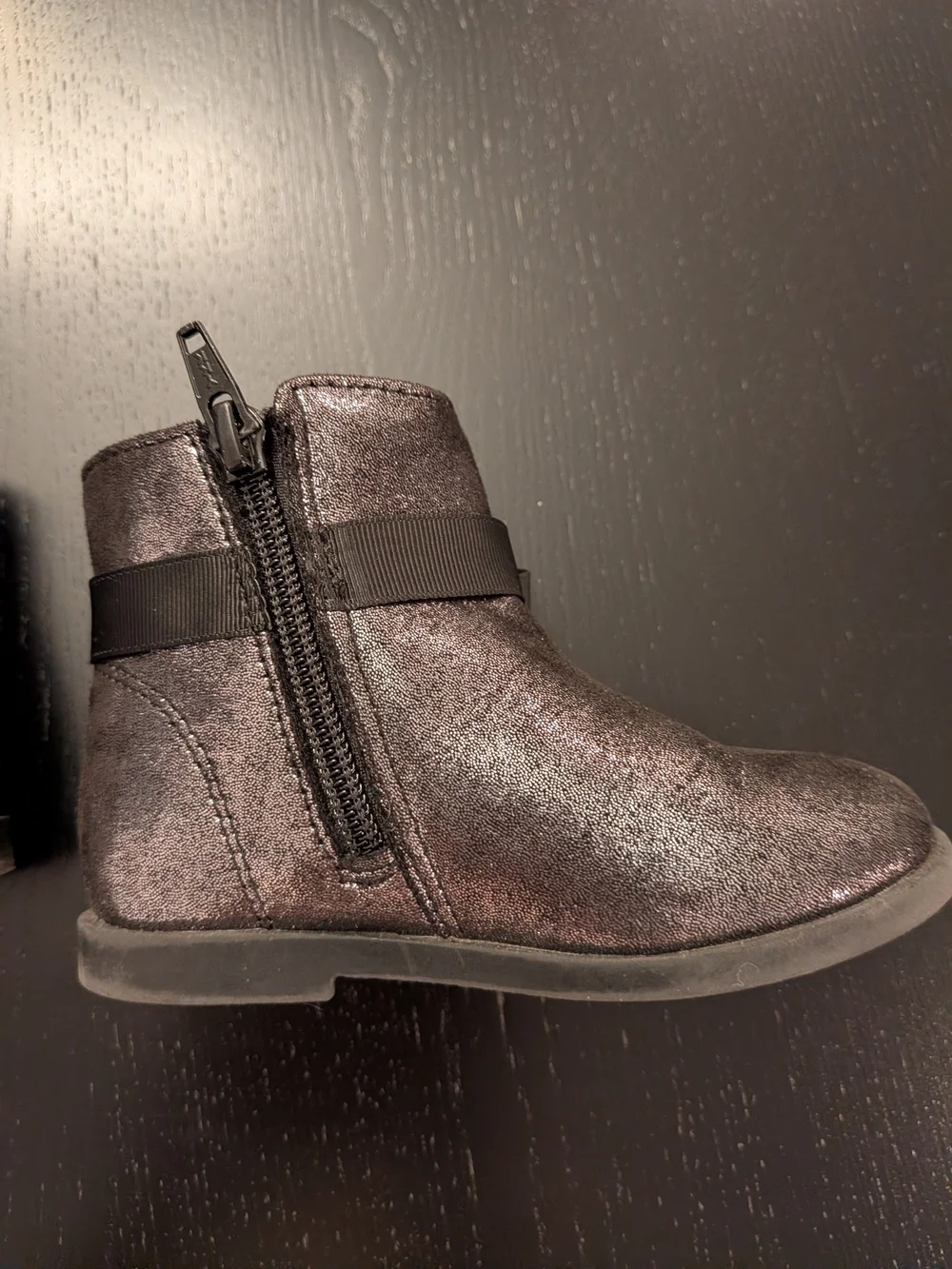 Metallic Black Girl's Ankle Boot with Side Bow